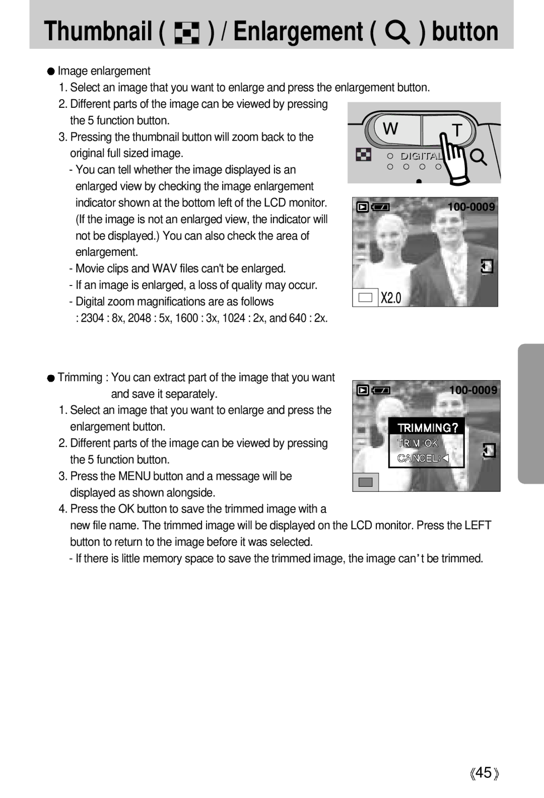 Samsung EC-D401ZSBA/E1, EC-D401ZSBB/E1 manual Thumbnail / Enlargement button, Movie clips and WAV files cant be enlarged 