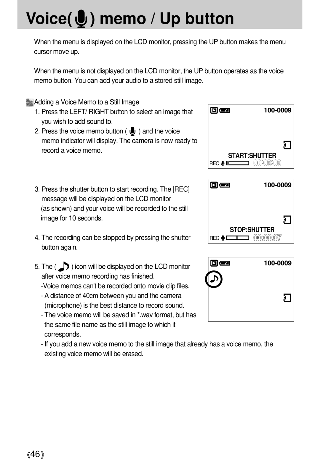 Samsung EC-D401ZSBB/E1, EC-D401ZSBA/E1 manual Record a voice memo, Voice memos cant be recorded onto movie clip files 