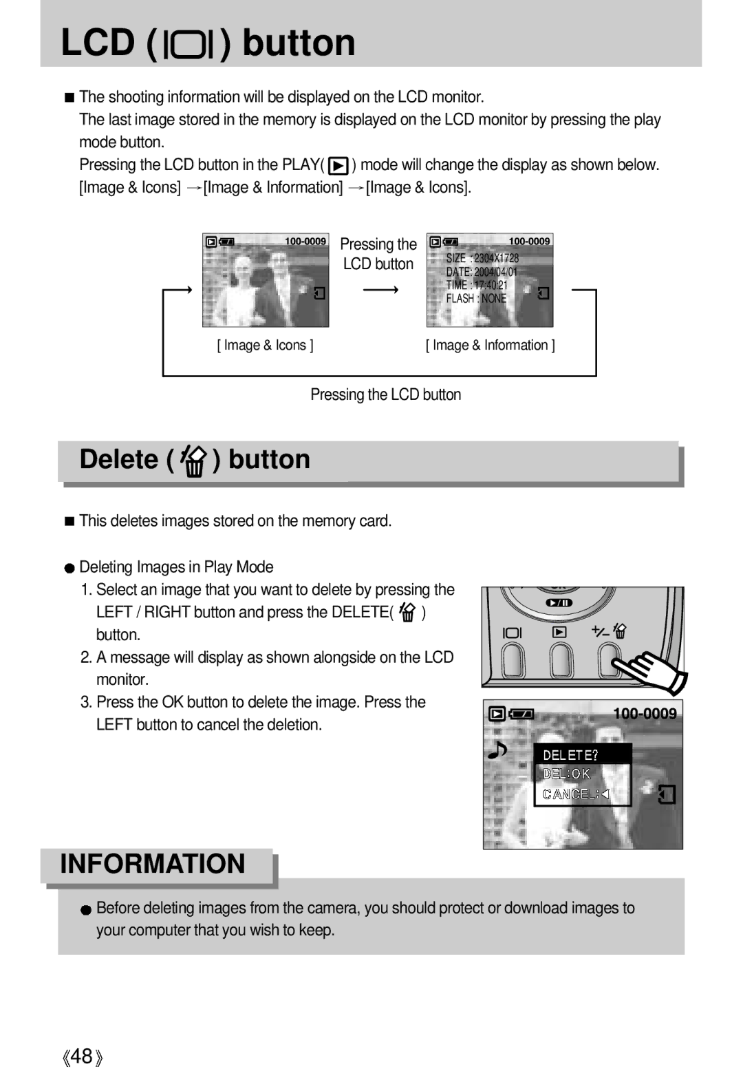 Samsung EC-D401ZSBB/E1, EC-D401ZSBA/E1 manual LCD button, Delete button 