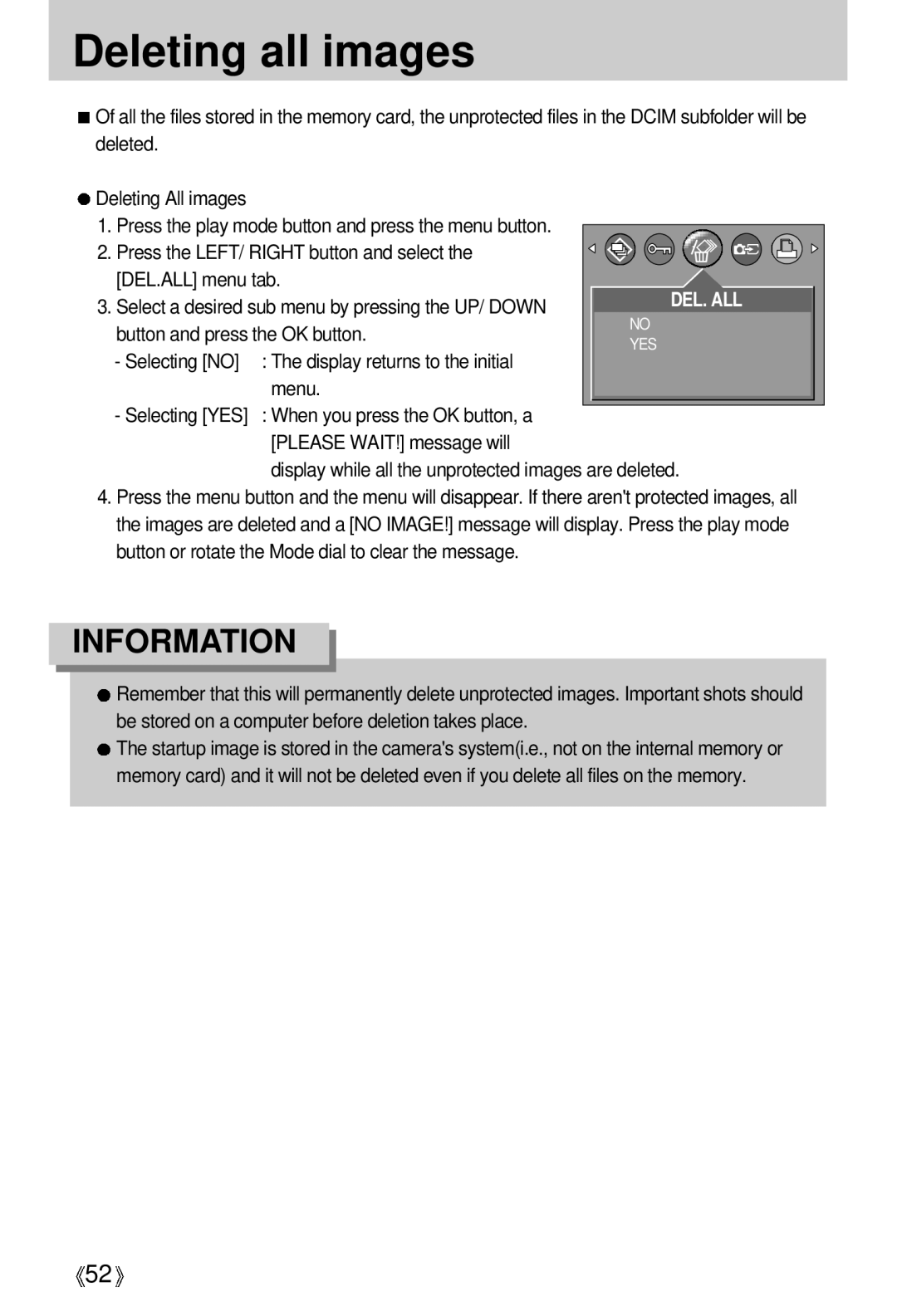 Samsung EC-D401ZSBB/E1, EC-D401ZSBA/E1 manual Deleting all images, Press the LEFT/ Right button and select DEL.ALL menu tab 