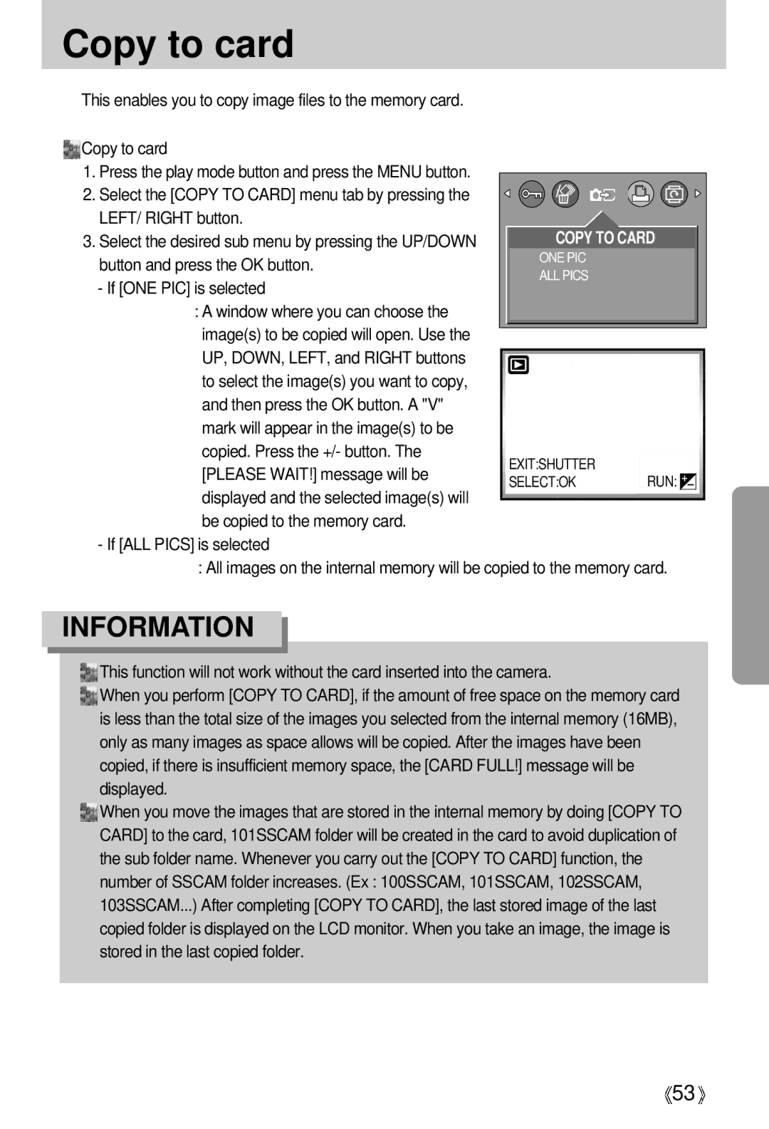 Samsung EC-D401ZSBA/E1, EC-D401ZSBB/E1 manual Copy to card, UP, DOWN, LEFT, and Right buttons 