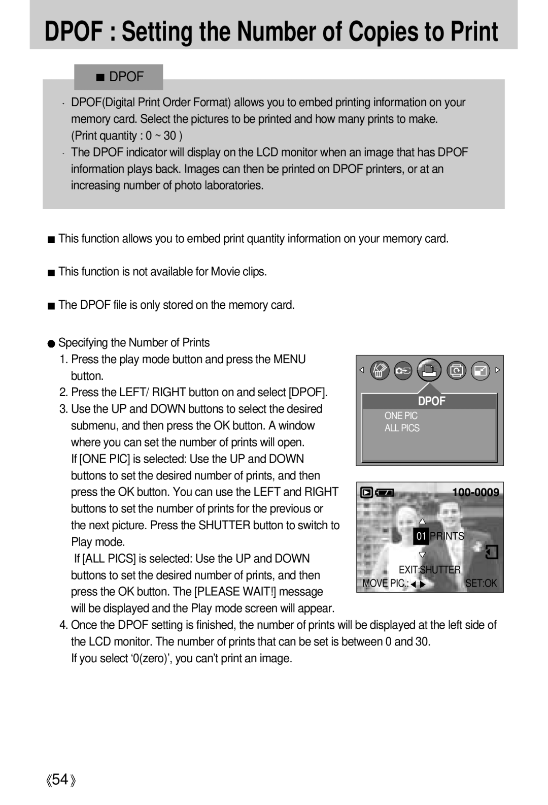 Samsung EC-D401ZSBB/E1 manual Dpof Setting the Number of Copies to Print, If you select ‘0zero’, you can’t print an image 