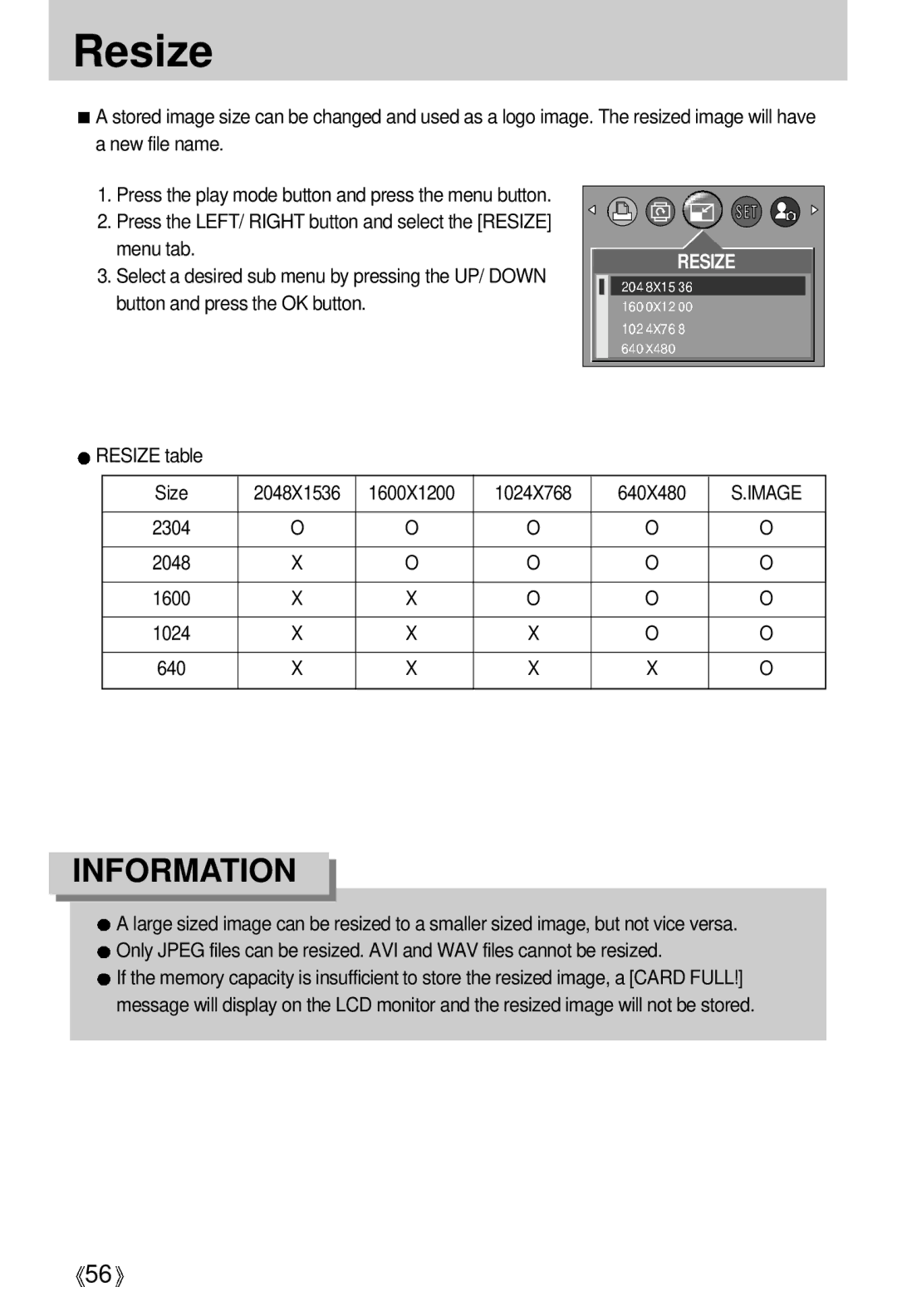 Samsung EC-D401ZSBB/E1, EC-D401ZSBA/E1 manual Resize, Size 2048X1536 1600X1200 1024X768 640X480 