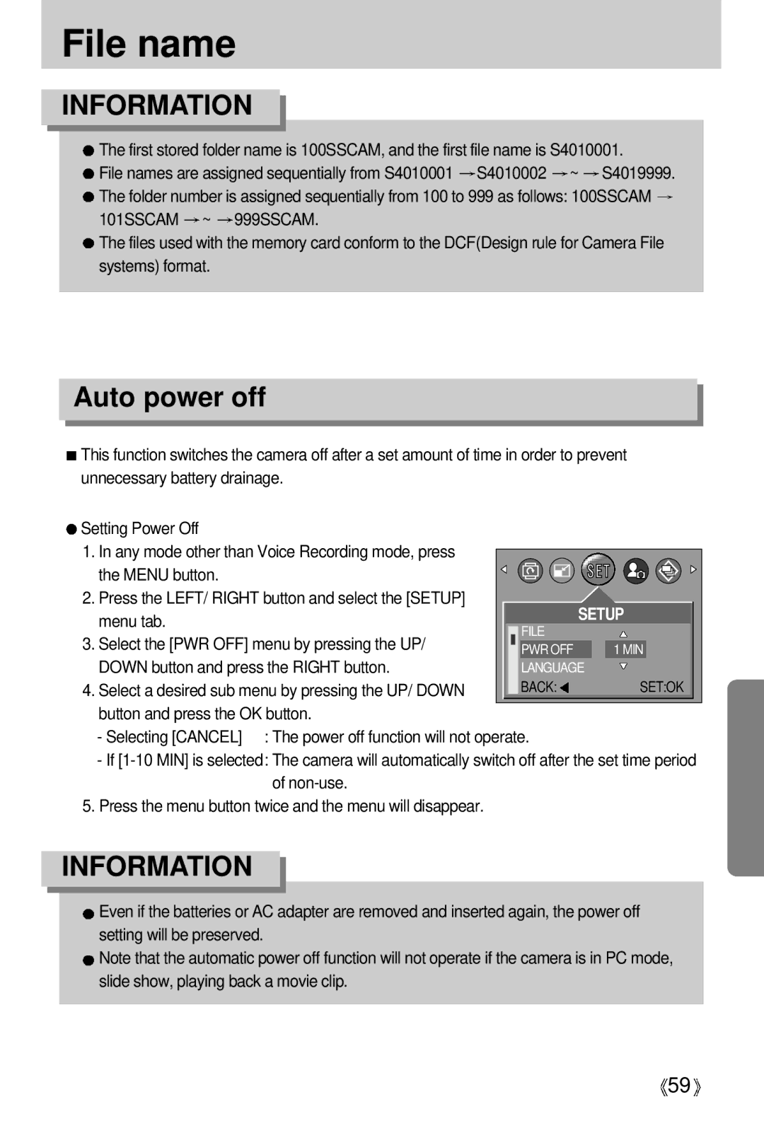 Samsung EC-D401ZSBA/E1, EC-D401ZSBB/E1 manual File name, Auto power off, Select the PWR OFF menu by pressing the UP 