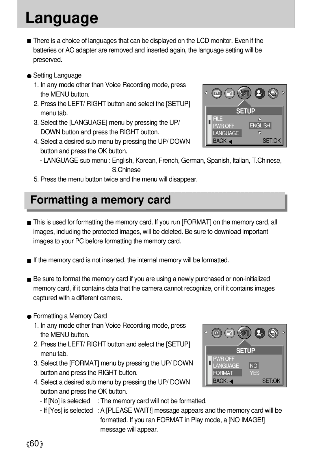 Samsung EC-D401ZSBB/E1, EC-D401ZSBA/E1 Formatting a memory card, Menu tab Select the Language menu by pressing the UP 