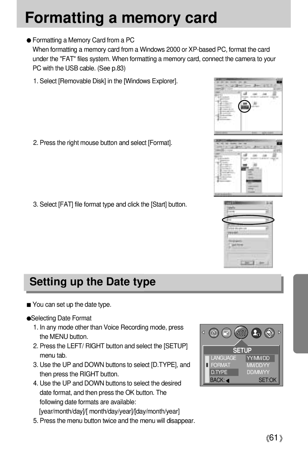 Samsung EC-D401ZSBA/E1, EC-D401ZSBB/E1 manual Formatting a memory card, Setting up the Date type 