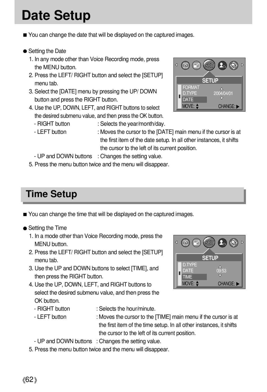 Samsung EC-D401ZSBB/E1, EC-D401ZSBA/E1 manual Date Setup, Time Setup 