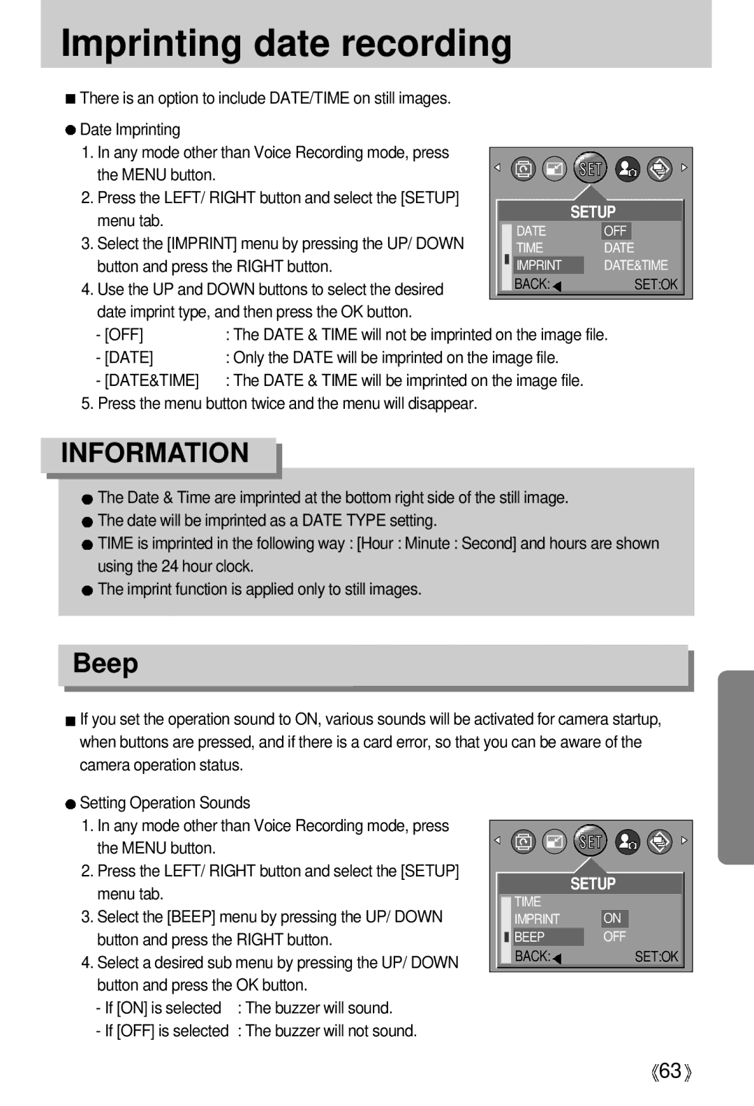 Samsung EC-D401ZSBA/E1 manual Imprinting date recording, Beep, Date&Time, Date & Time will be imprinted on the image file 