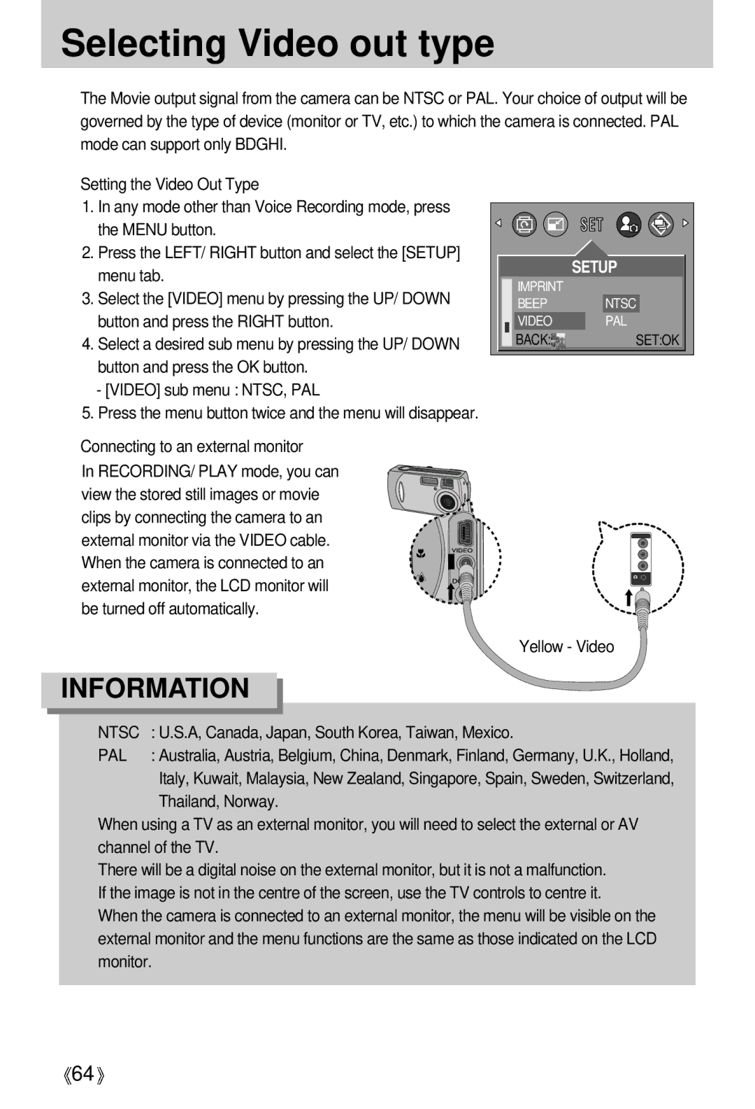 Samsung EC-D401ZSBB/E1 manual Selecting Video out type, Connecting to an external monitor, Yellow Video, Ntsc, Pal 