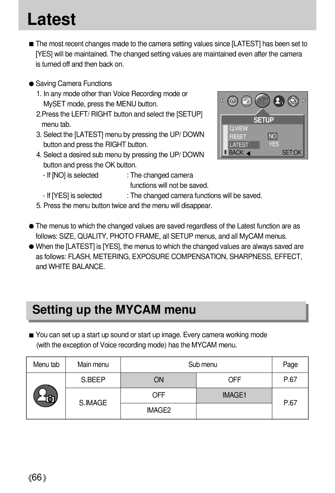 Samsung EC-D401ZSBB/E1, EC-D401ZSBA/E1 manual Latest, Setting up the Mycam menu, Menu tab Main menu Sub menu 