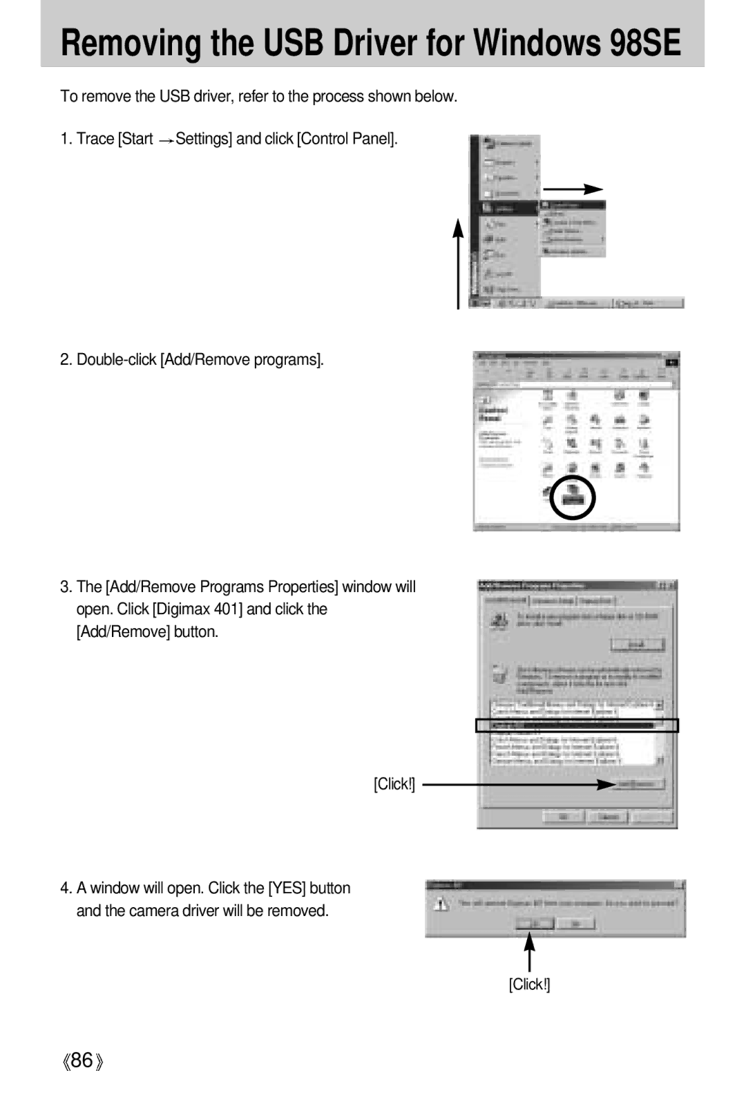 Samsung EC-D401ZSBB/E1, EC-D401ZSBA/E1 manual Removing the USB Driver for Windows 98SE 