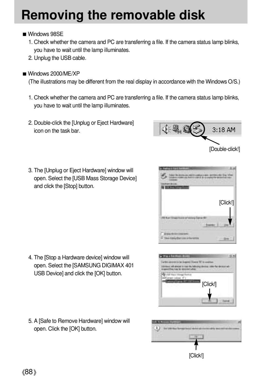 Samsung EC-D401ZSBB/E1, EC-D401ZSBA/E1 manual Removing the removable disk, Click 