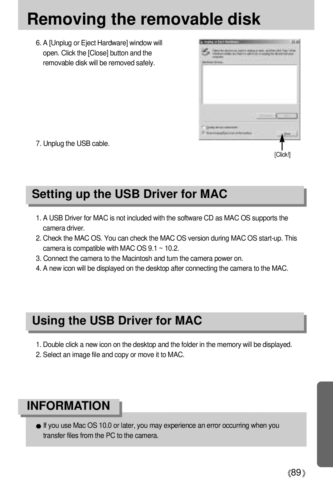 Samsung EC-D401ZSBA/E1, EC-D401ZSBB/E1 manual Setting up the USB Driver for MAC, Using the USB Driver for MAC 