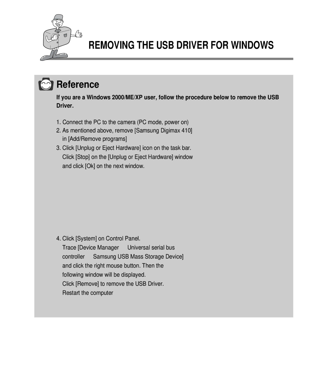 Samsung EC-D410ZSBA/E1, EC-D340ZSBA/E1 manual Removing the USB Driver for Windows, Click System on Control Panel 