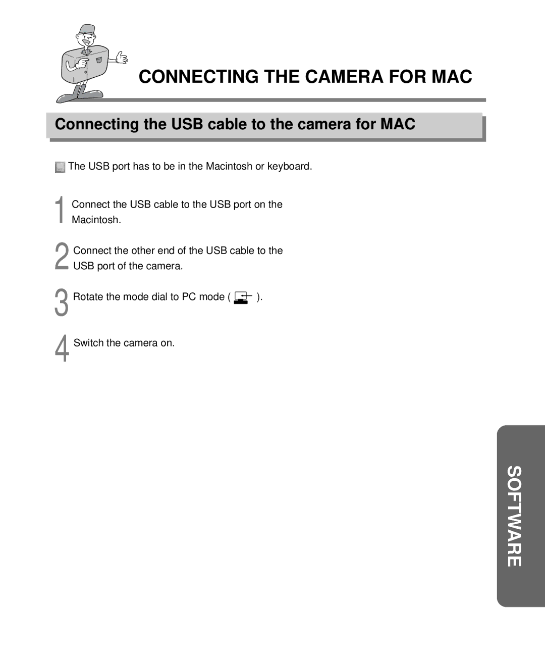 Samsung EC-D340ZSBA/E1, EC-D410ZSBA/E1 manual Connecting the Camera for MAC, Connecting the USB cable to the camera for MAC 