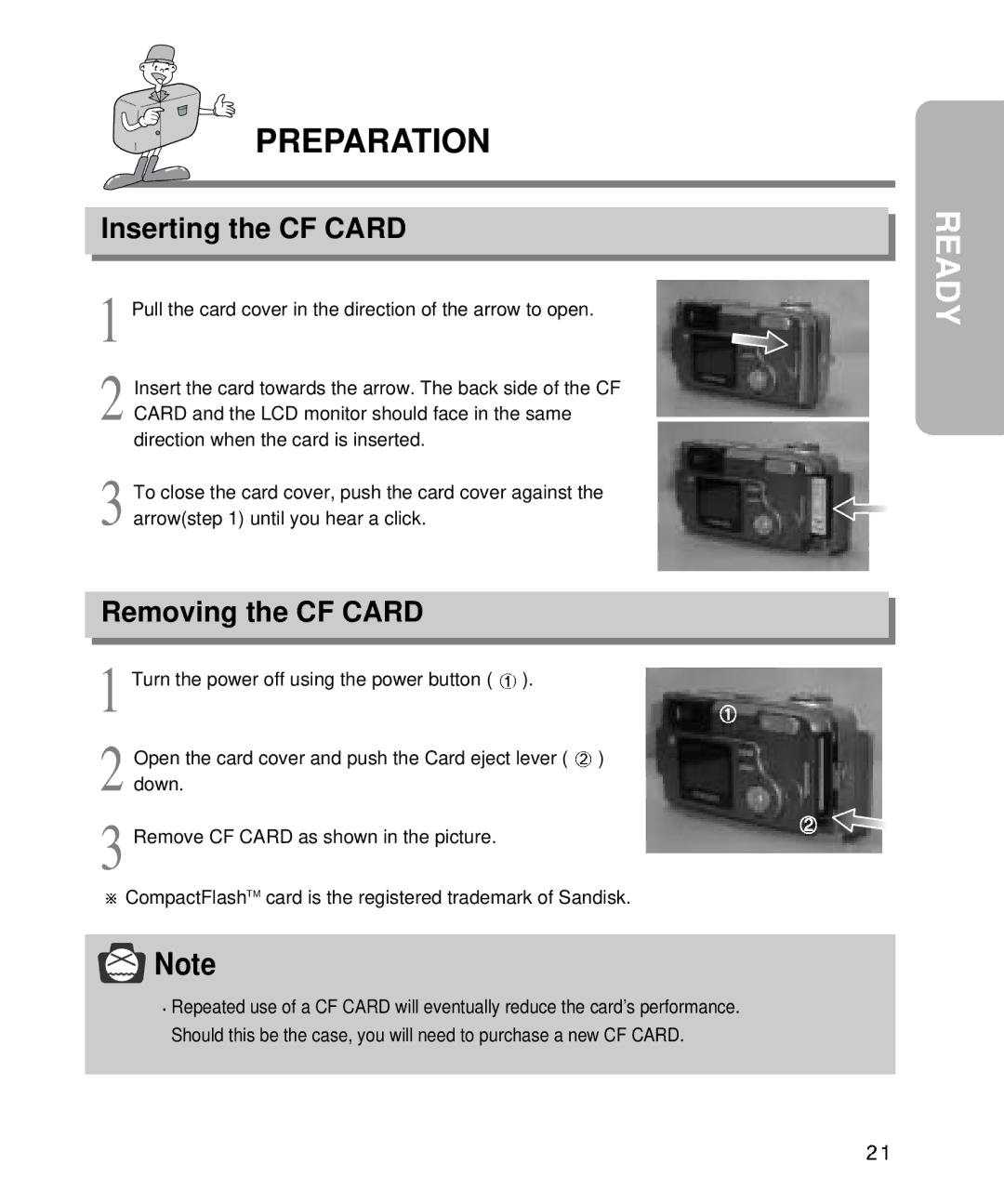 Samsung EC-D340ZSBA/E1, EC-D410ZSBA/E1 manual Inserting the CF Card, Removing the CF Card 