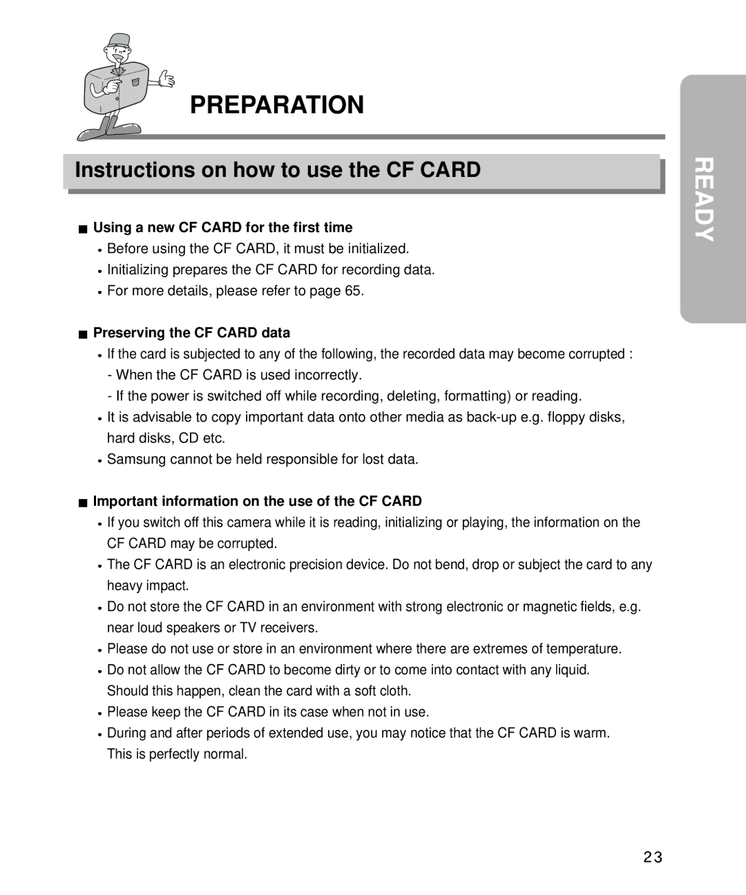 Samsung EC-D340ZSBA/E1, EC-D410ZSBA/E1 manual Instructions on how to use the CF Card, Using a new CF Card for the first time 