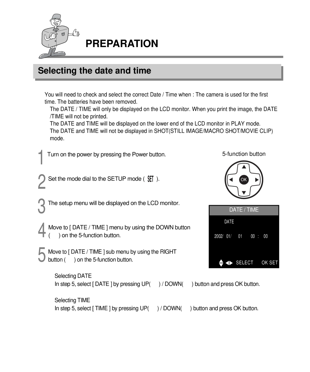 Samsung EC-D410ZSBA/E1, EC-D340ZSBA/E1 manual Selecting the date and time, Move to Date / Time menu by using the Down button 