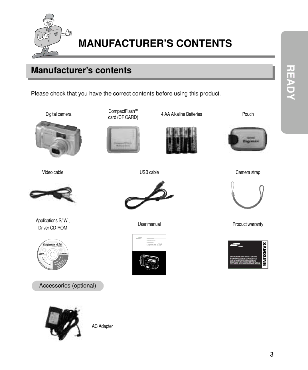 Samsung EC-D340ZSBA/E1, EC-D410ZSBA/E1 manual MANUFACTURER’S Contents, Ready 