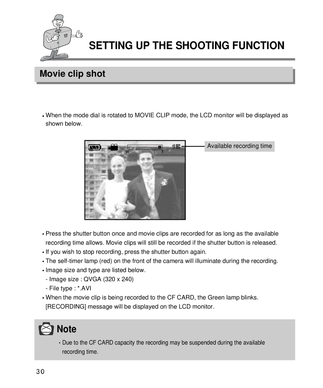 Samsung EC-D410ZSBA/E1, EC-D340ZSBA/E1 manual Setting UP the Shooting Function, Movie clip shot 