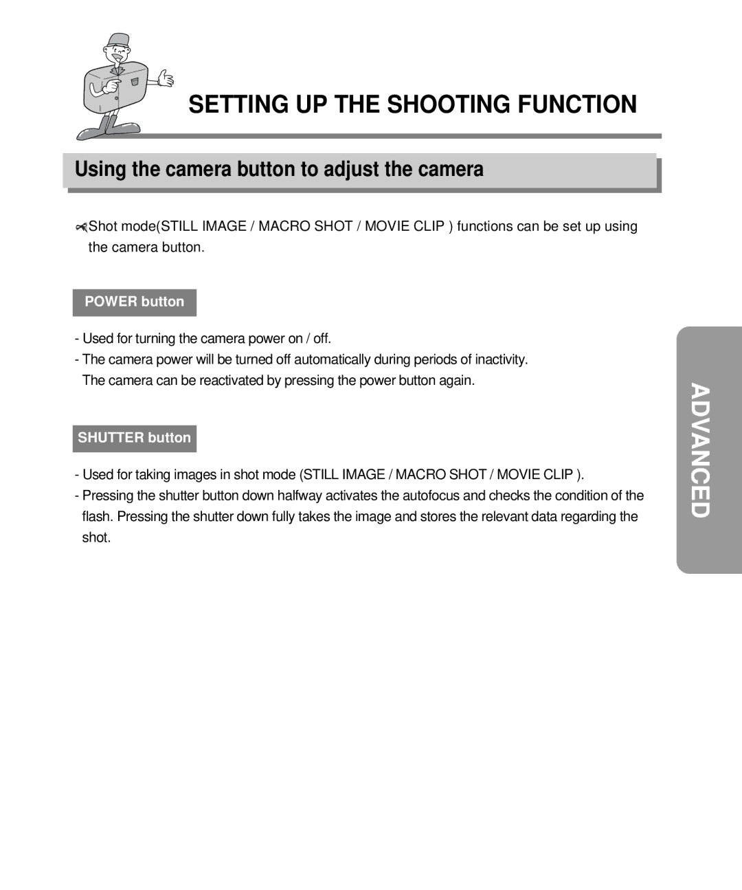 Samsung EC-D340ZSBA/E1, EC-D410ZSBA/E1 manual Using the camera button to adjust the camera, Power button, Shutter button 