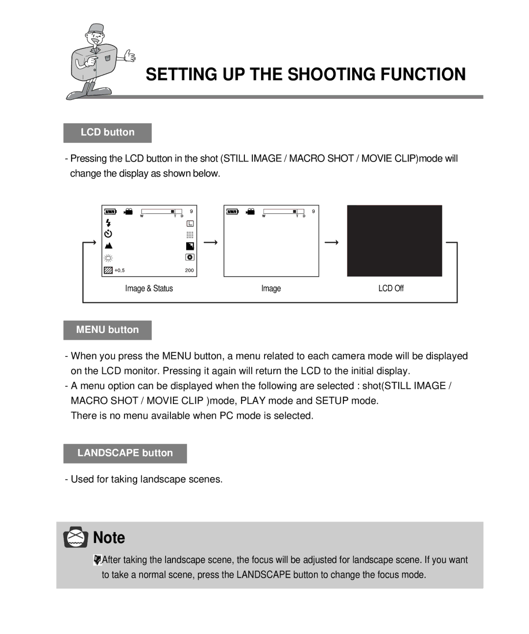 Samsung EC-D410ZSBA/E1, EC-D340ZSBA/E1 manual LCD button, Menu button, Landscape button, Used for taking landscape scenes 