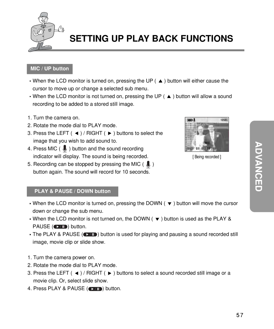 Samsung EC-D340ZSBA/E1, EC-D410ZSBA/E1 manual MIC / UP button, Play & Pause / Down button 