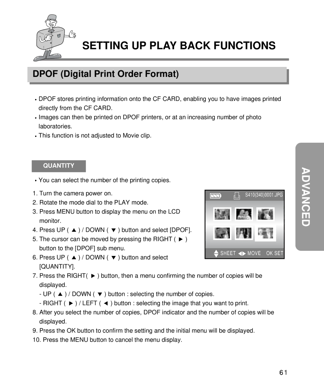 Samsung EC-D340ZSBA/E1 manual Dpof Digital Print Order Format, Quantity, You can select the number of the printing copies 