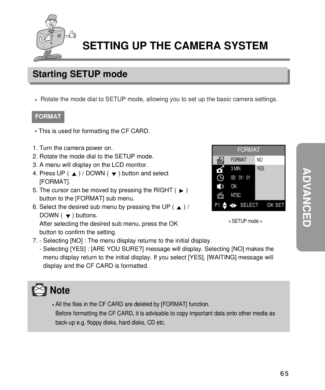 Samsung EC-D340ZSBA/E1, EC-D410ZSBA/E1 manual Setting UP the Camera System, Starting Setup mode, Format, Down 