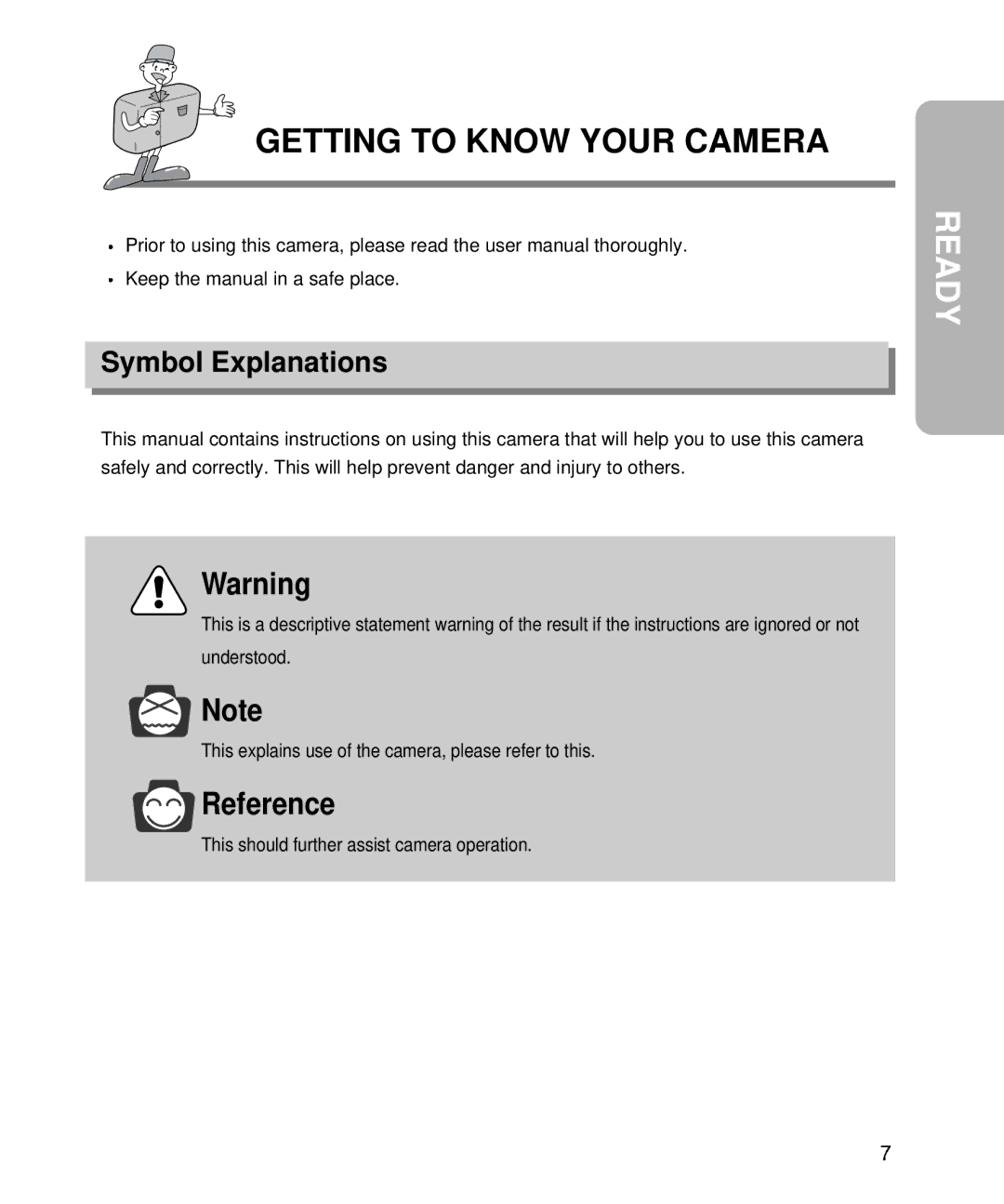 Samsung EC-D340ZSBA/E1 manual Getting to Know Your Camera, Symbol Explanations, This should further assist camera operation 