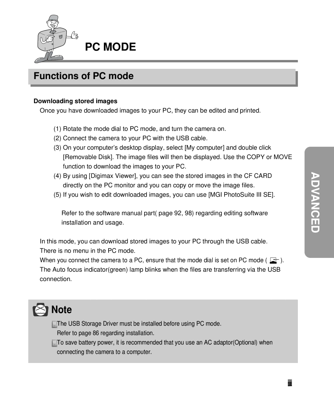 Samsung EC-D340ZSBA/E1, EC-D410ZSBA/E1 manual PC Mode, Functions of PC mode 