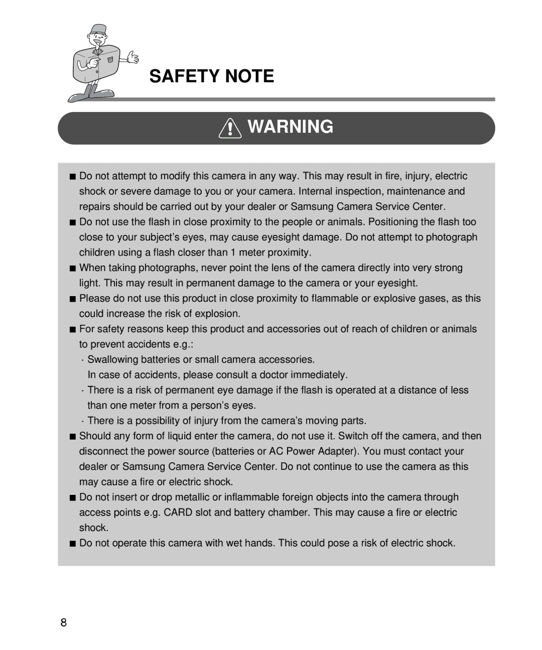 Samsung EC-D410ZSBA/E1, EC-D340ZSBA/E1 manual Safety Note 