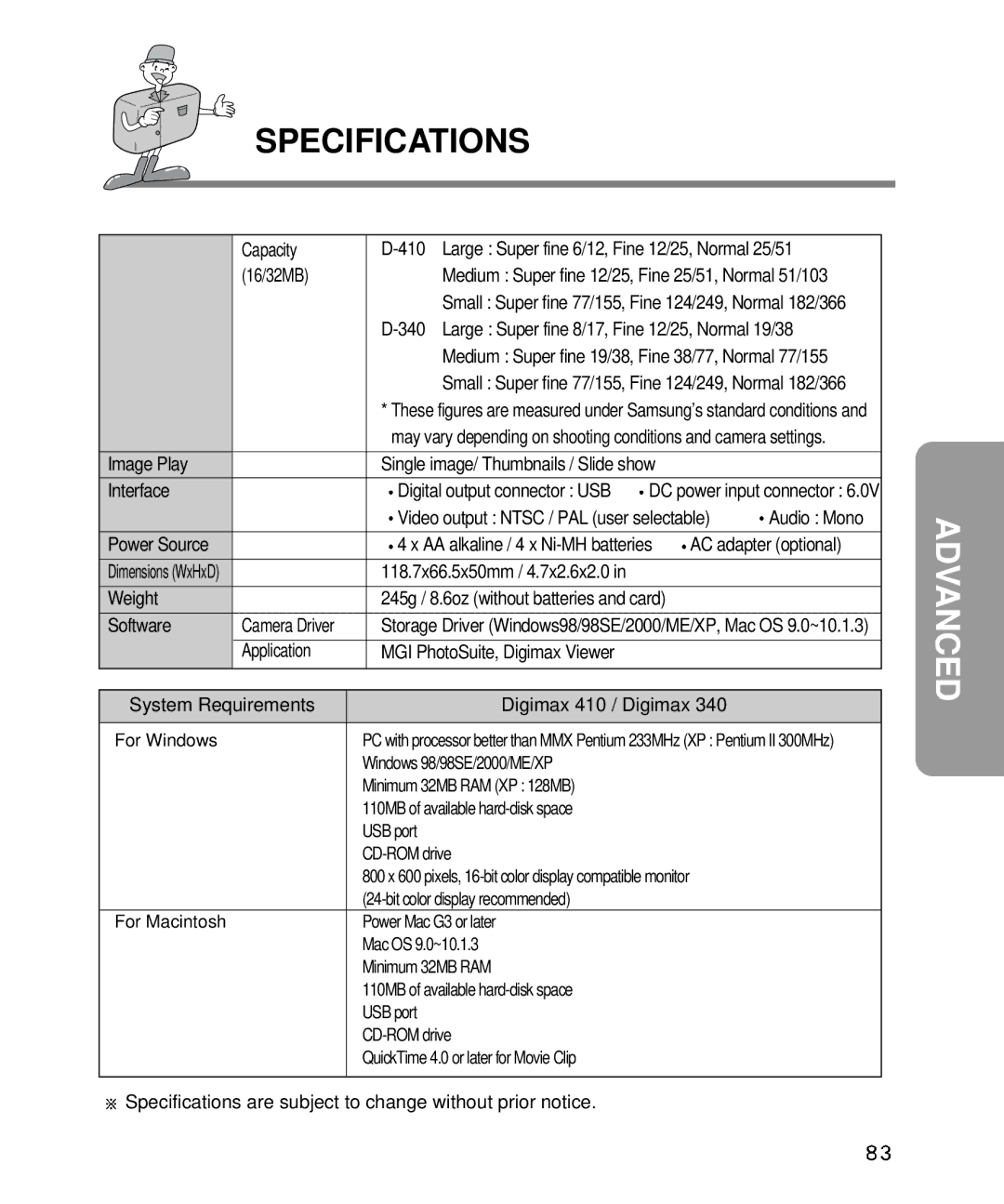 Samsung EC-D340ZSBA/E1 manual Large Super fine 8/17, Fine 12/25, Normal 19/38, Image Play, Interface, Audio Mono, Weight 