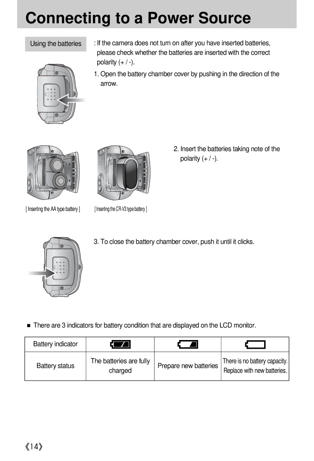 Samsung EC-D420ZSAA Connecting to a Power Source, Polarity +, Arrow, Insert the batteries taking note of the polarity + 