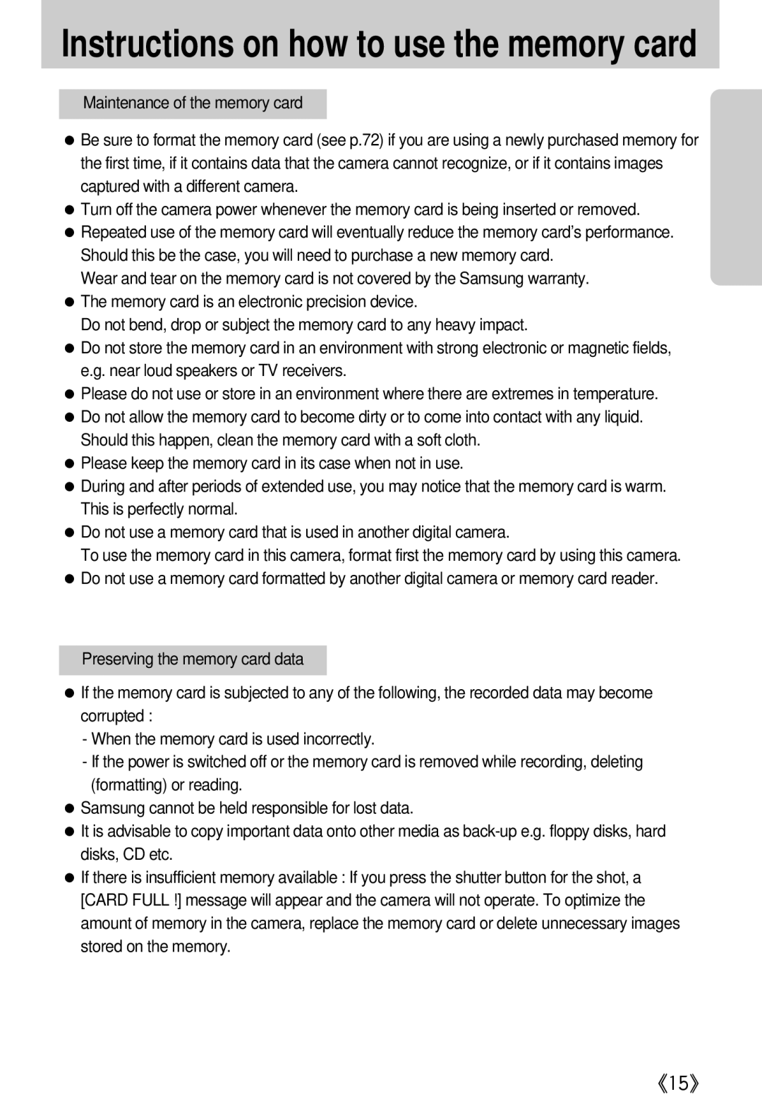 Samsung EC-A402ZRBA/US, EC-D420ZSAA, EC-A402ZBAA, EC-A402ZRBA/E1, EC-A402ZBBA/E1 Instructions on how to use the memory card 