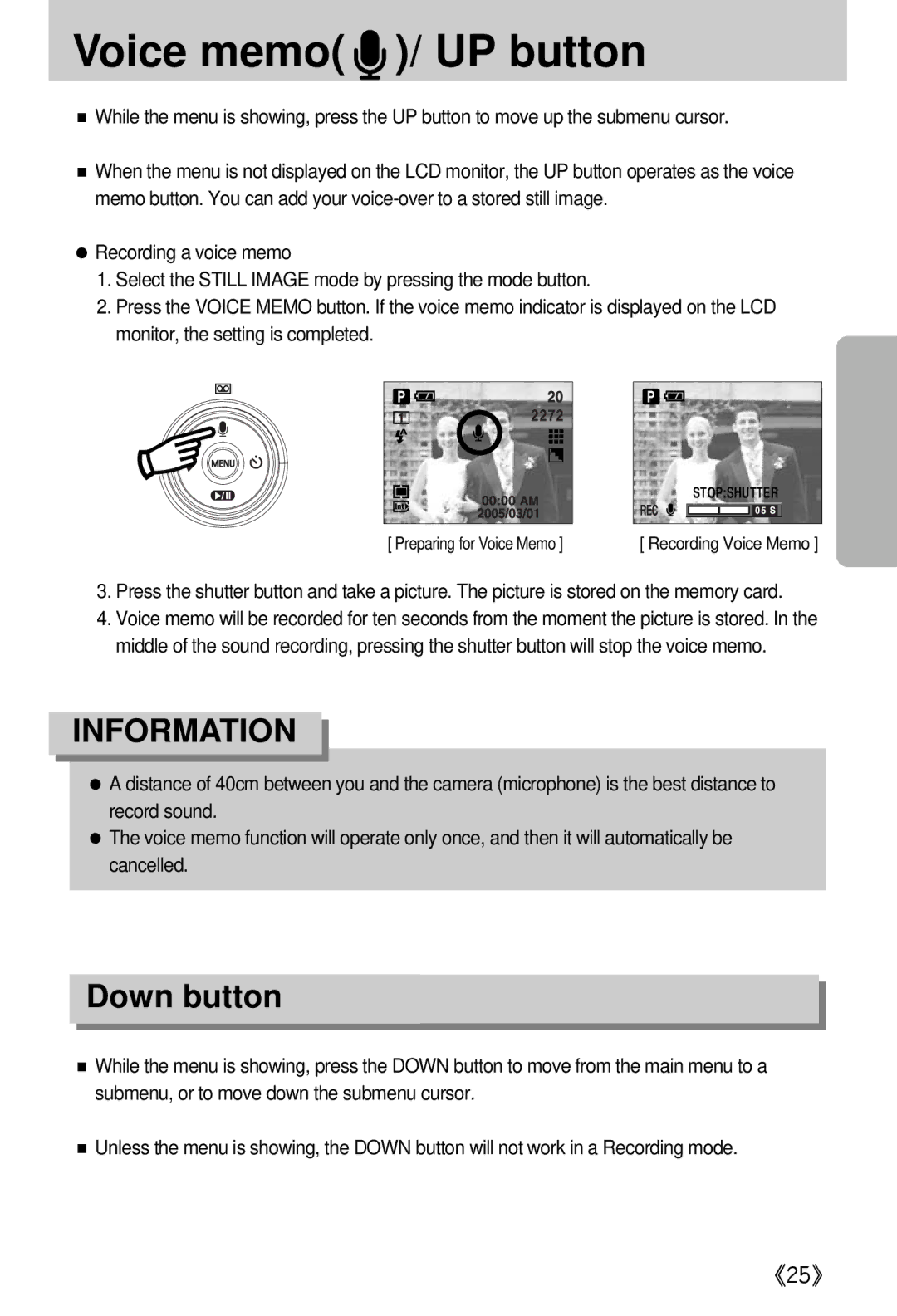 Samsung EC-A402ZBBA/E1, EC-D420ZSAA, EC-A402ZRBA/US, EC-A402ZBAA, EC-A402ZRBA/E1 manual Voice memo / UP button, Down button 