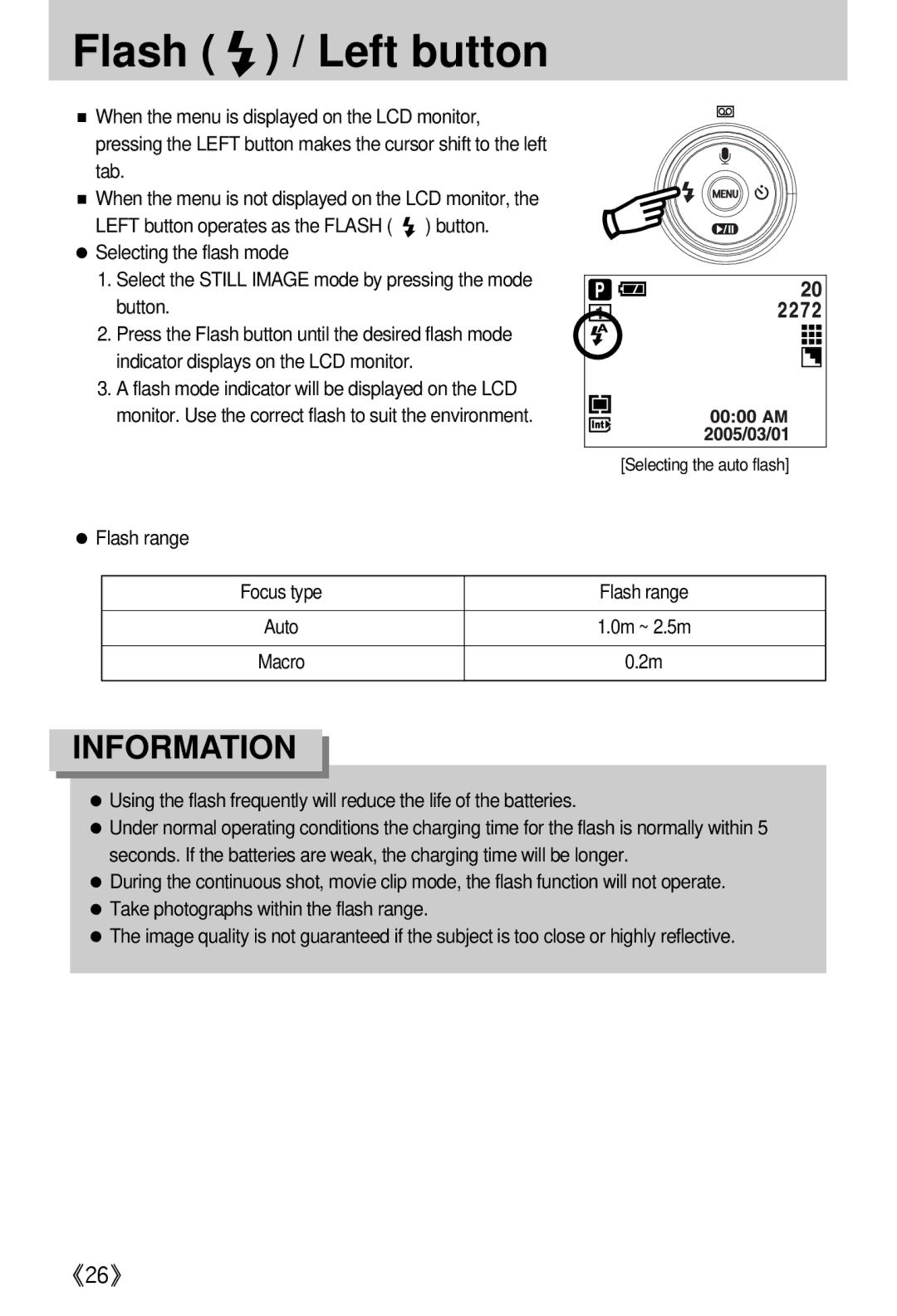 Samsung EC-A402ZSBA/E1, EC-D420ZSAA, EC-A402ZRBA/US, EC-A402ZBAA, EC-A402ZRBA/E1 Flash / Left button, Flash range Focus type 