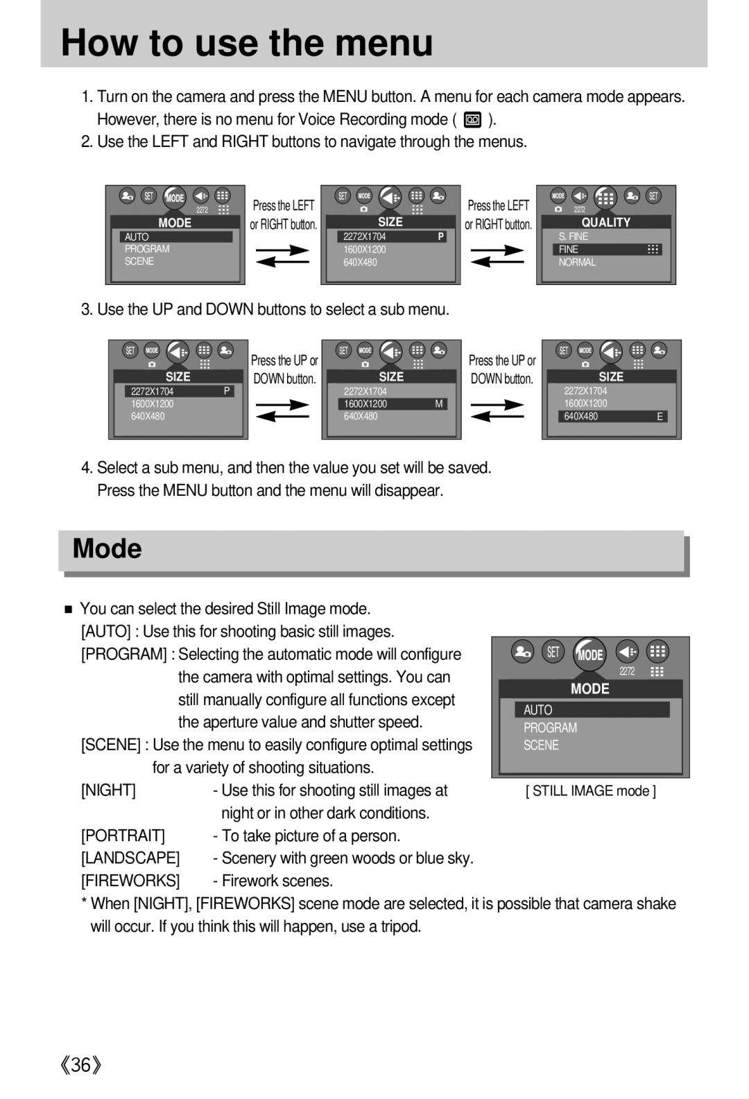 Samsung EC-A402ZRBA/US, EC-D420ZSAA, EC-A402ZBAA, EC-A402ZRBA/E1, EC-A402ZBBA/E1, EC-A402ZSBA/E1 How to use the menu, Mode 