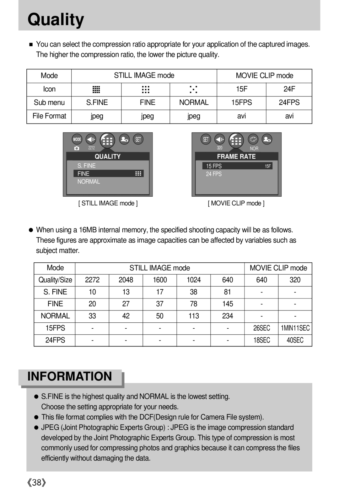 Samsung EC-A402ZRBA/E1, EC-D420ZSAA, EC-A402ZRBA/US, EC-A402ZBAA manual Quality, Still Image mode Movie Clip mode, Jpeg, Avi 