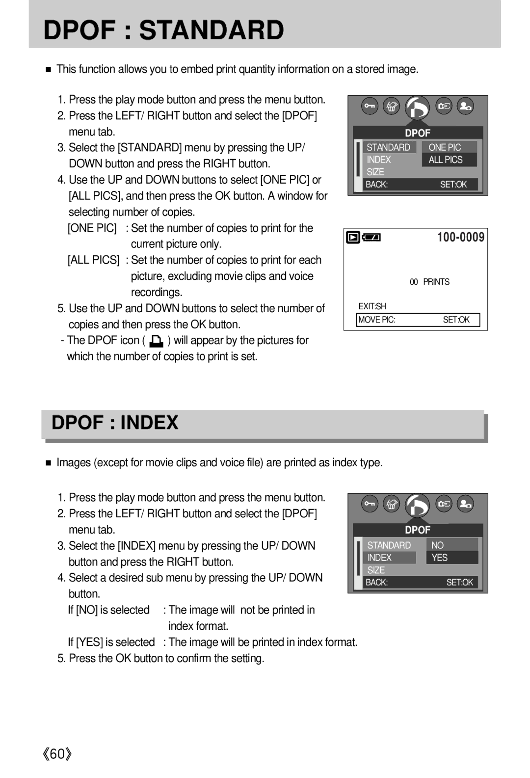 Samsung EC-A402ZBBA/E1 manual Press the LEFT/ Right button and select the Dpof menu tab, Current picture only, Recordings 