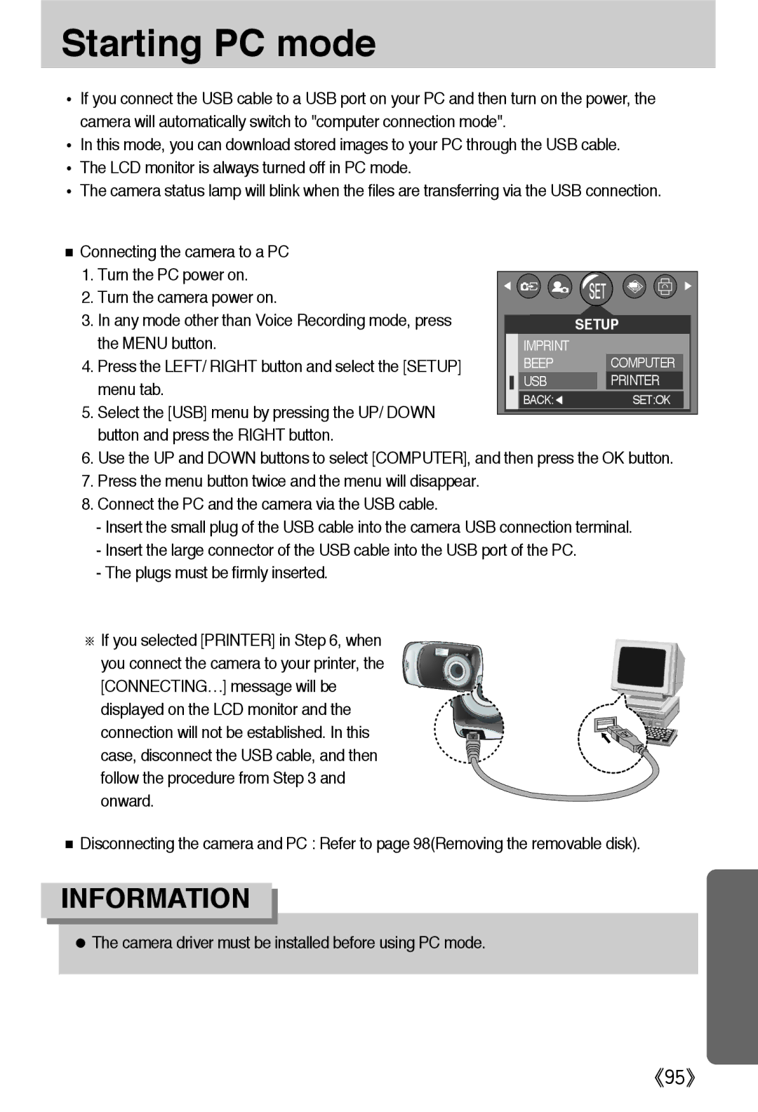 Samsung EC-A402ZBBA/E1, EC-D420ZSAA, EC-A402ZRBA/US Starting PC mode, Camera driver must be installed before using PC mode 