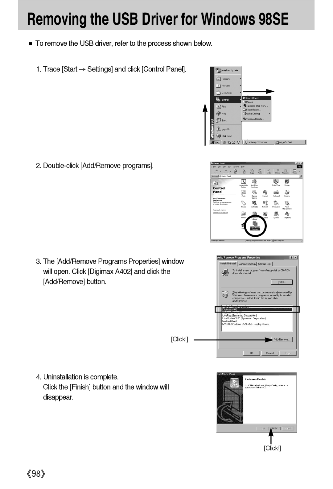 Samsung EC-D420ZSAA, EC-A402ZRBA/US, EC-A402ZBAA, EC-A402ZRBA/E1, EC-A402ZBBA/E1 Removing the USB Driver for Windows 98SE 