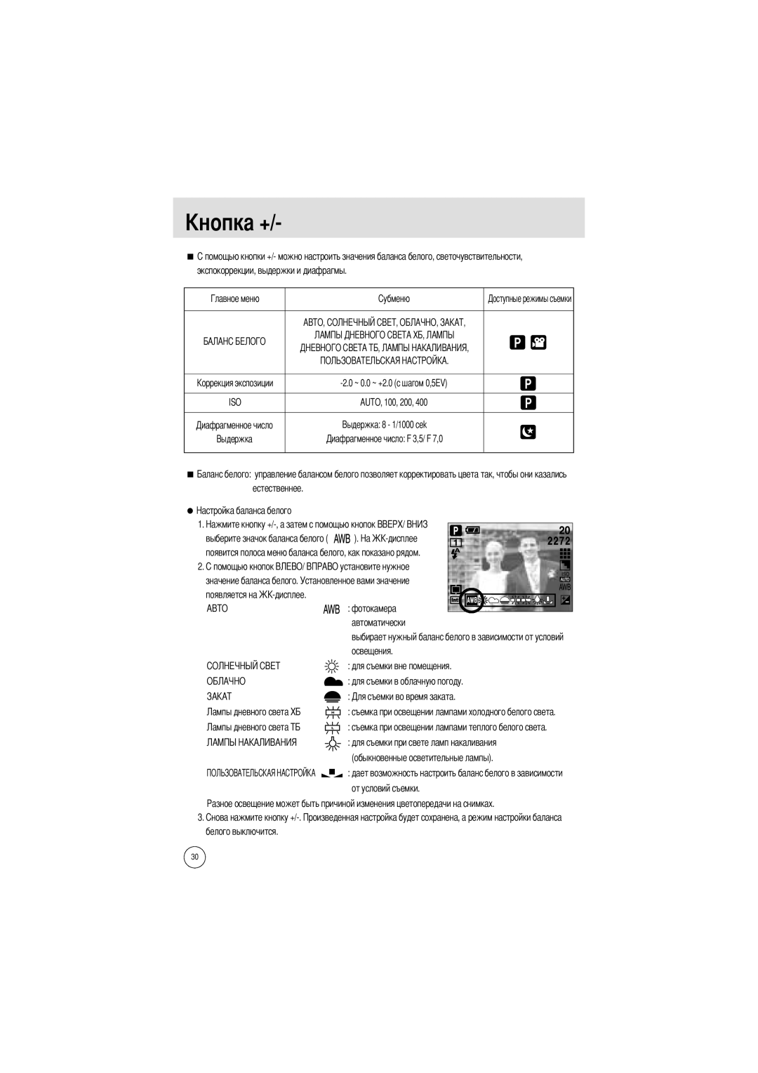 Samsung EC-A402ZBAA manual Экспокоррекции, выдержки и диафрагмы, ~ 0.0 ~ +2.0 с шагом 0,5EV, AUTO, 100, 200, Естественнее 