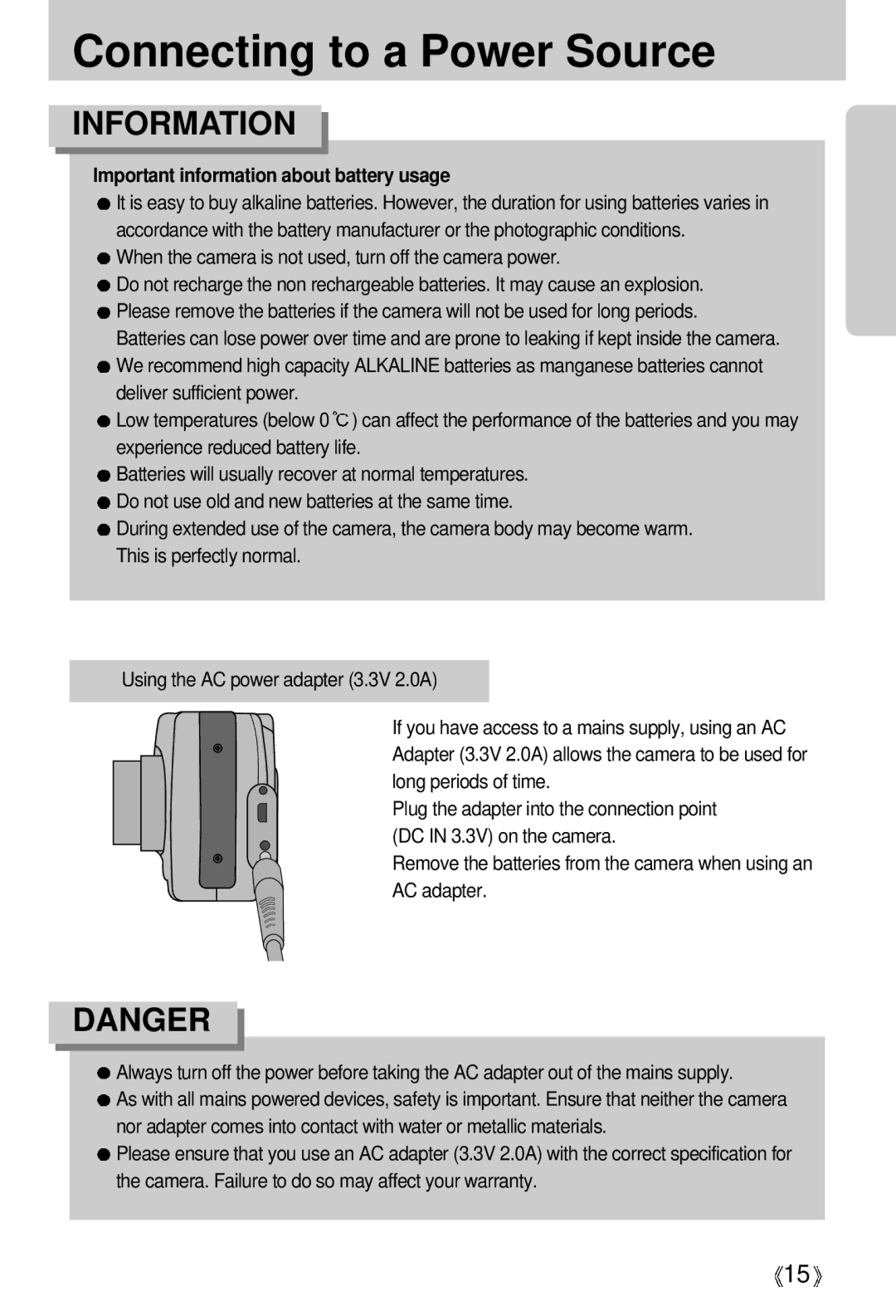 Samsung EC-D430ZSAA, EC-D430ZSBA/FR, EC-D430ZSAB, EC-D430ZSBA/GB, EC-D430ZSBA/US Connecting to a Power Source, Information 