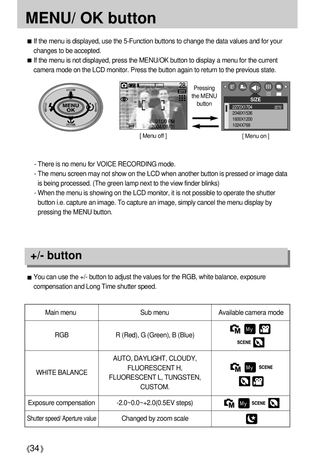 Samsung EC-D430ZSBA/US MENU/ OK button, +/- button, Exposure compensation ~0.0~+2.00.5EV steps, Changed by zoom scale 