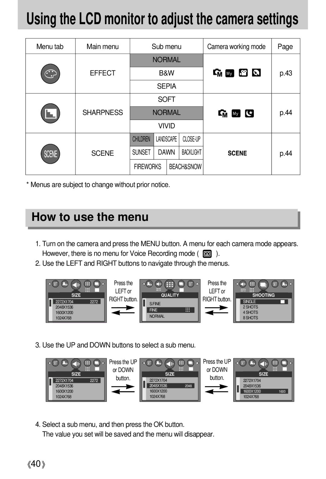 Samsung EC-D430ZSAA, EC-D430ZSBA/FR, EC-D430ZSAB, EC-D430ZSBA/GB How to use the menu, Menu tab Main menu, Effect Sepia Soft 