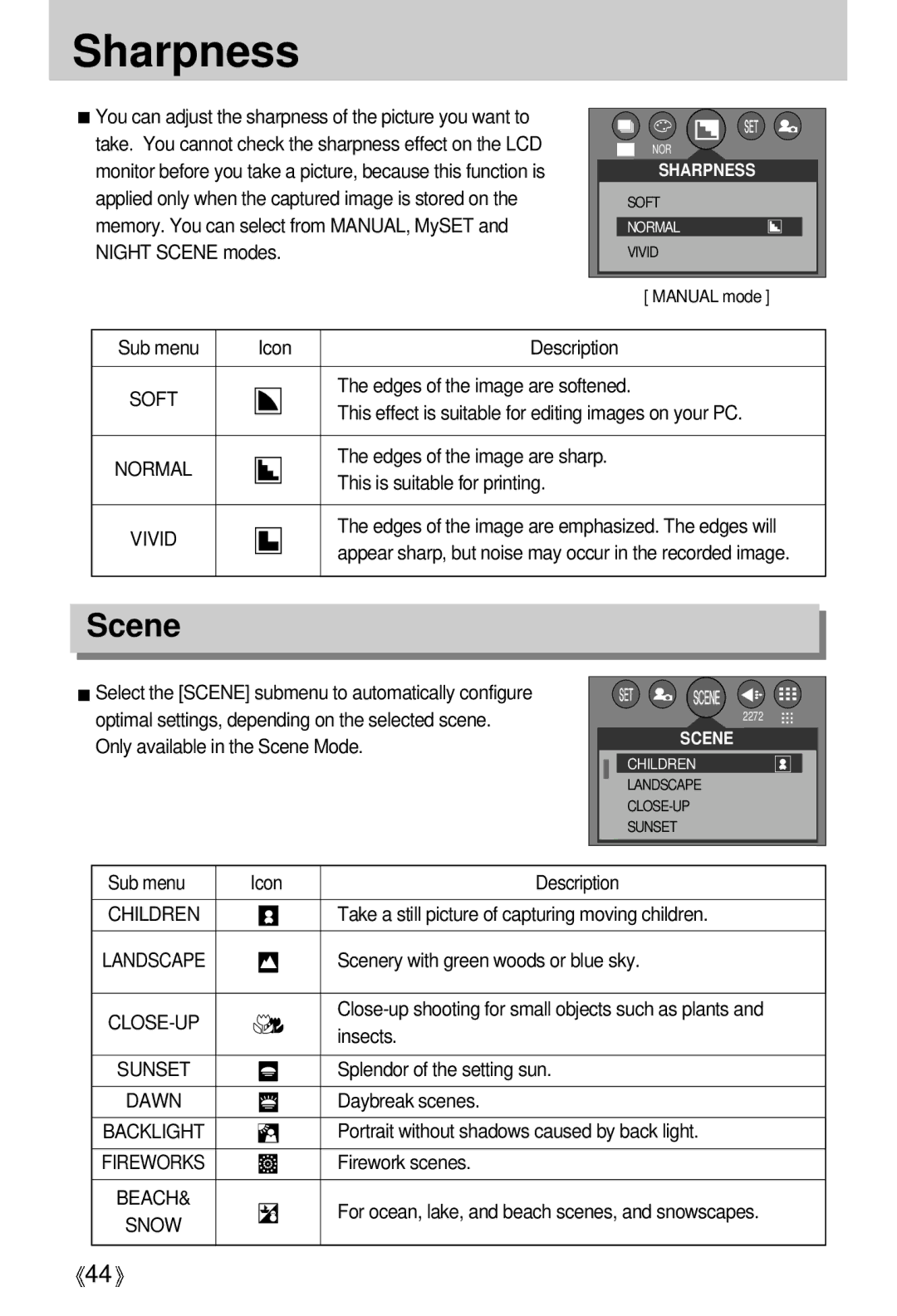 Samsung EC-D430ZSBA/US, EC-D430ZSAA, EC-D430ZSBA/FR, EC-D430ZSAB, EC-D430ZSBA/GB manual Sharpness, Scene, Children 