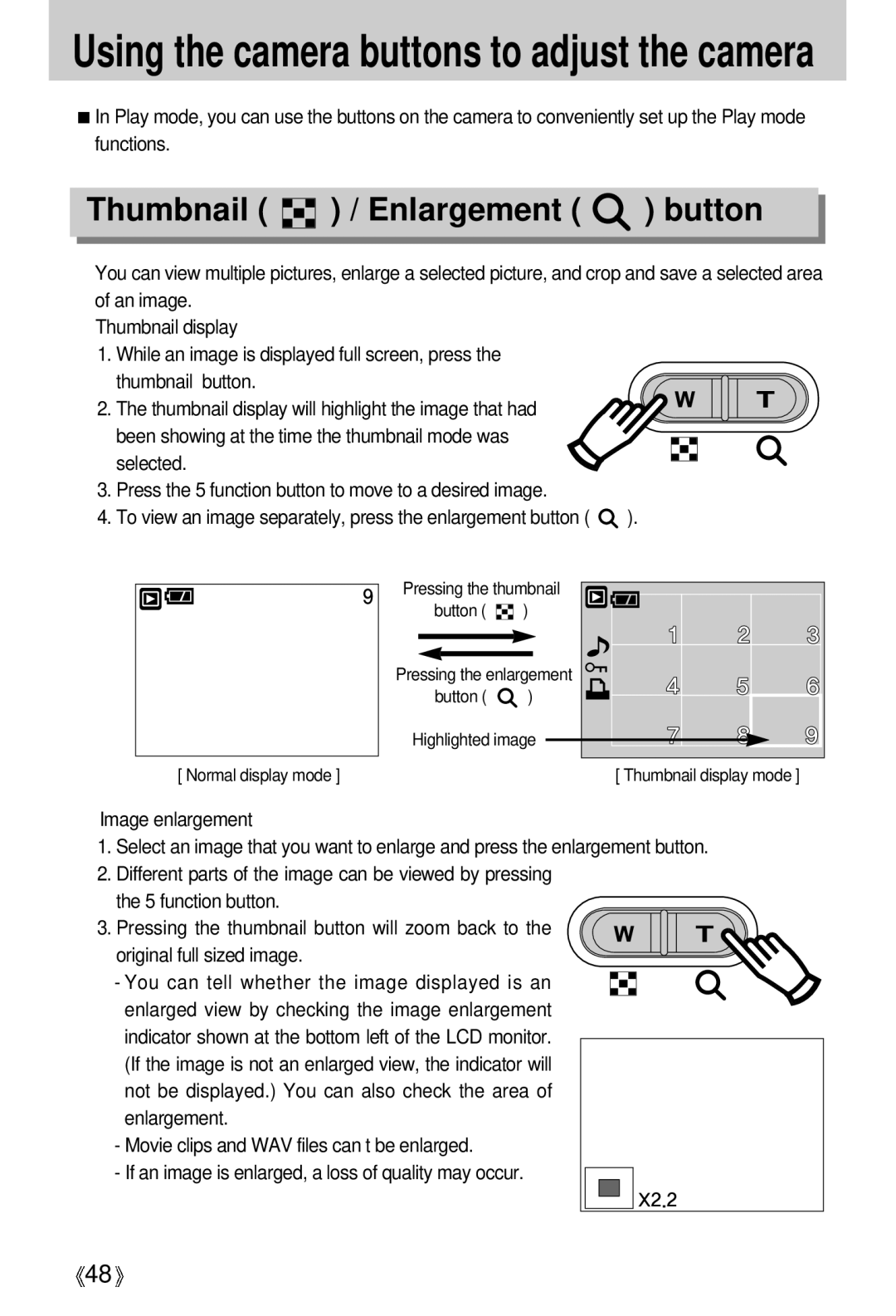 Samsung EC-D430ZSBA/GB, EC-D430ZSAA, EC-D430ZSBA/FR, EC-D430ZSAB, EC-D430ZSBA/US manual Thumbnail Enlargement button 