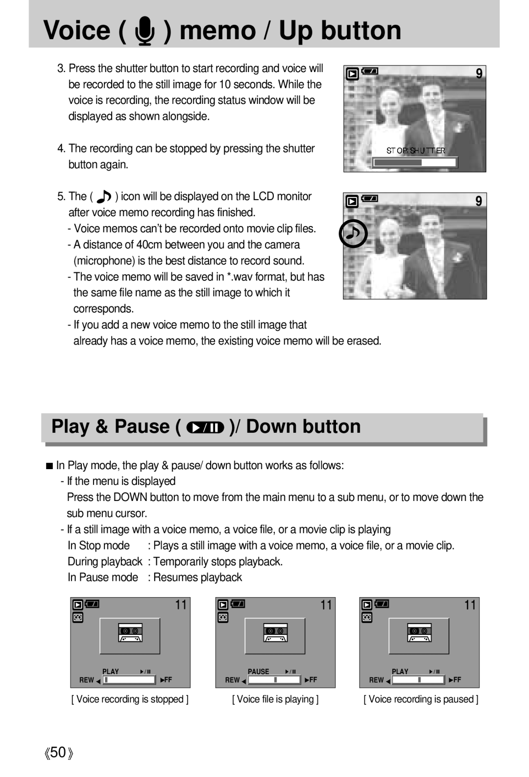 Samsung EC-D430ZSAA, EC-D430ZSBA/FR manual Play & Pause / Down button, Voice memos can’t be recorded onto movie clip files 