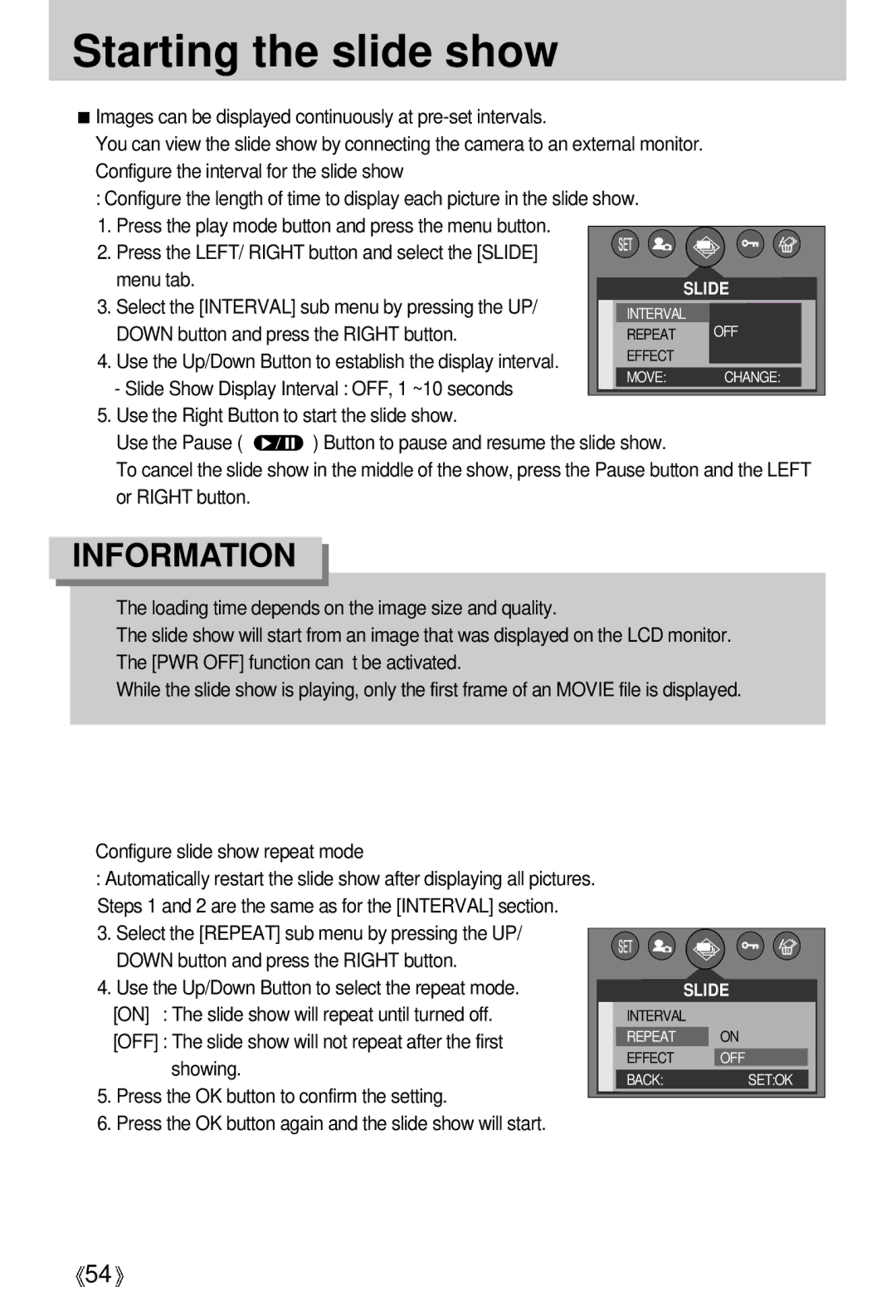 Samsung EC-D430ZSBA/US, EC-D430ZSAA, EC-D430ZSAB Starting the slide show, Select the Interval sub menu by pressing the UP 